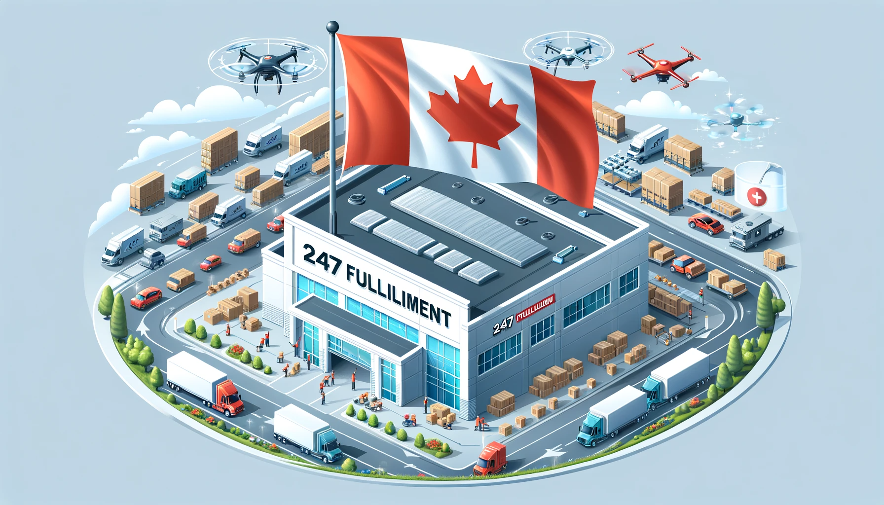 Modern "247 Fulfillment" center in Canada, showcasing a bustling and efficient operation with delivery trucks and drones, under the Canadian flag.